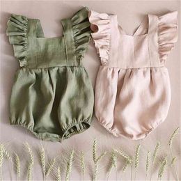 Geboren baby meisjes zomer kleding mooie mouwloze driehoek romper meisje roze / groene mooie kleding 210619