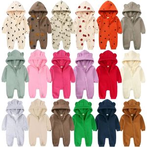 Born bébé hiver polaire à capuche barboteuse solide coton épais chaud décontracté ours combinaison 0-24 M infantile coréen tenues vêtements 240104