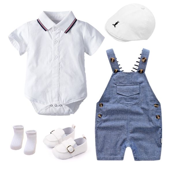 Born Boy Summer Baby Clothes Cotton Kids Birthday Dress White Infant Outfit Hat + Romper Overall Shoes Calcetines 5 PCS 18M 210816