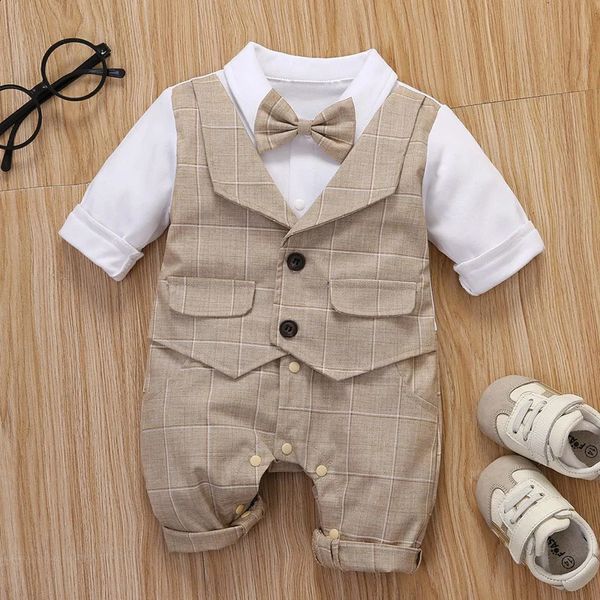 née formelle anniversaire robe garçon gilet barboteuse infantile plaid tenue vêtements 2 pièces ensemble enfant en bas âge coton costume de fête 3-24 m 240123