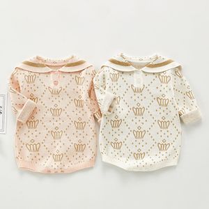 Born Girls Jumpsuits Kleding Herfst Winter Baby Crown Rompertjes Gebreide Lange Mouw Kinderen 210429