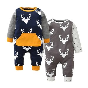 Born Infant Baby Boy Girl Deer Printing Patchwork Mameluco de manga larga Ropa para niños pequeños Trajes de Navidad Navidad 211229