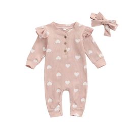 Vêtements pour bébés filles, Costumes de printemps et d'automne, tricotés à manches longues, imprimé cœur, barboteuse, combinaison avec bandeau, tenue 240202