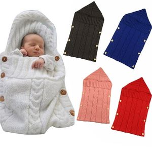 born Infant Knitted Crochet Hooded Sleeping Bags Toddler Baby Boys Girls Button Blanket Knit Warm Swaddle Wrap Bag 211023