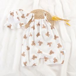 Nacido Onepiece infantil verano muselina mameluco con sombrero niños cumpleaños oso durmiente bebé botón blanco beige pijama mono 324m 240327