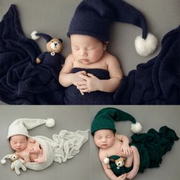 Born Pographie accessoires tricoté enveloppement ours chapeau poupée 3 pièces ensemble Studio toile de fond couverture bébé enveloppes Po accessoires de tir 240127