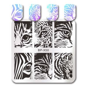 Geboren Mooie Square Nail Stempelen Sjabloon Kat Tiger Leaf Geometry Strepen Dierlijke Manicure Nail Art Image Plate