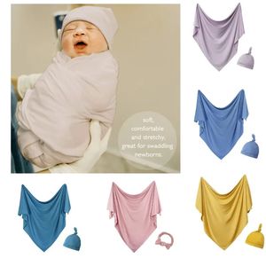 Born Swaddle Blanket and Hat Set Boys Girls Jersey Knit Baby Wrap Photor Props 240417