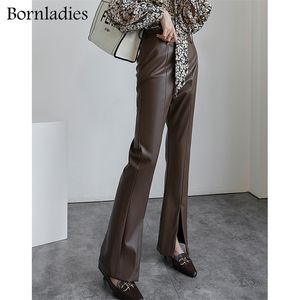 Bornladies élégant décontracté mince en cuir solide fendu pantalon femme taille haute mode tempérament pantalon pour les femmes automne Style 220325