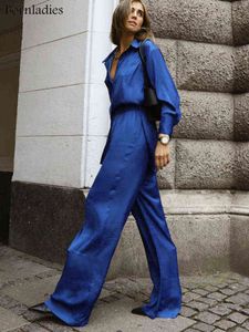 Bornladies kantoor dames satijnblauwe broek broek en broek 2 -delige sets vrouwen outfits casual brede benen broek pak 2022 t220729