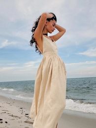 Bornladies Spring Summer Beach Style Dames Kleed Vintage Loose A-Line Sling Dress Sexy Girl 100% katoenen V-hals Jurk 240419