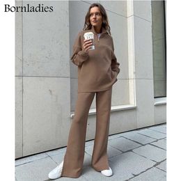 Bornladies Sweat Ensembles Pull Stretch Stand Col Zipper Tricoté Costume Femmes Casual Split Taille Haute Pantalon Droit Outfit 211105