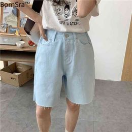 Bornsra Summer Women's Style Losse en veelzijdige lichtgekleurde High-taille Design Denim Shorts Draag 210809