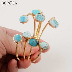 Borosa Natural Blue Stone Hand Manchet Bangle Onregelmatige Goud Kleur Natuurlijke Turkooises Armbanden voor Dames Armbanden Charms CL260 Q0719