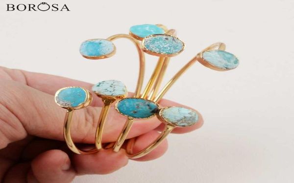 Borosa Natural Blue Stone Hand Bangle Irregular Gold Color Natural Turquoiss Bangles for Women Bracelets Charms CL260 Q07197300761