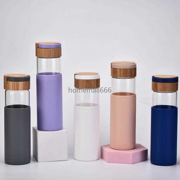 Borosilikatglas, 520 ml, Wasserflaschen, Bambusdeckel und Silikonhülle, auslaufsicher, Sport- und Outdoor-Wasserflasche, Seaway AA