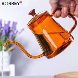 Borrey 350 ml / 600 ml glas lange mond koffie pot zwanenhals zwaan nek dunne mond ketel brouwers handgemaakte koffiemaker druppel ketel 210408