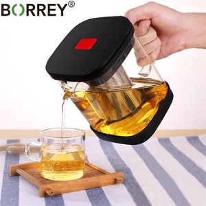 BORREY verre clair théière tasse ensemble résistant à la chaleur carré avec infuseur Puer Oolong bouilloire bureau tasse 210813