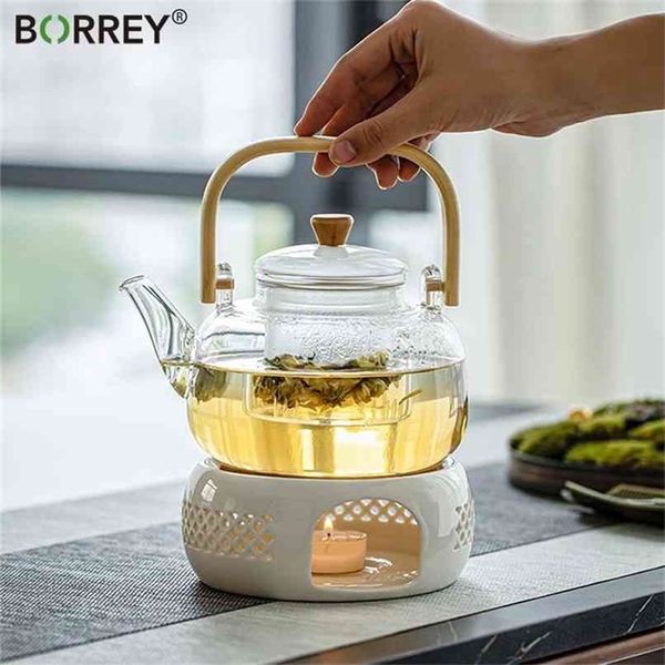 BORREY poignée théière en verre résistant à la chaleur fleur bouilloire grand récipient de jus de fruits clair support en céramique Base 210724