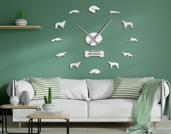 Borzoi miroir effets autocollants nombres temps horloge russe wolfhound grande décoration murale bricolage ruskaya psovaya borzaya gif7959265