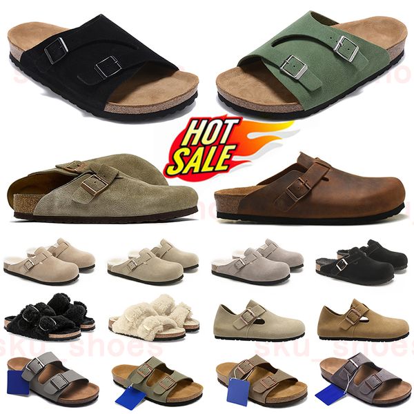 Bostons Burkin Birkin Stocks Shearling Suede Arizonas Hombres Mujeres Original Diseñador Zuecos Sandalias Chanclas Diapositivas suaves Bostons Stock Hebilla Zapatillas Zapato de lujo