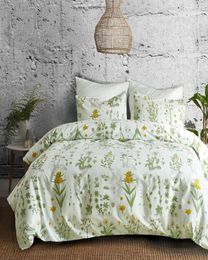 Botanical Duvet Cover Set 23pcs Yellow Flowers and Green Leaves Floral Garden Pattern Printed Bedding Coverset9172336