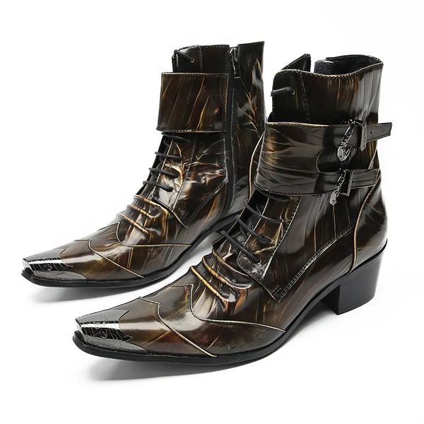 Botas grande taille métal pointu à hommes bottes de fête Club fête Social homme chaussures habillées hommes bottes Style Punk bottes en cuir véritable