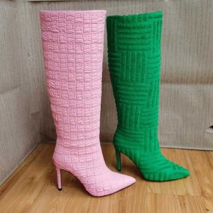 Botteg Venetas imprimé Boots de haute qualité Brand Design Flock Femme Femmes Automne Hiver Thin Talon pointu Point Galet High Long Shoes Rose Green