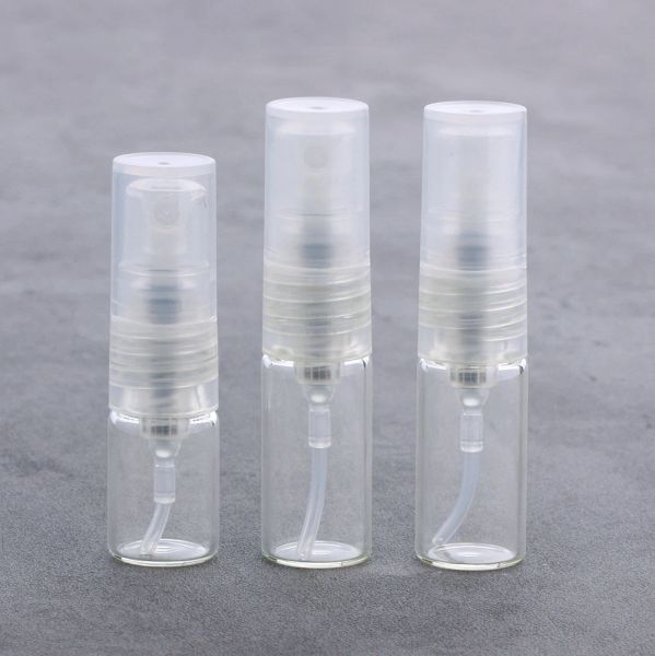 Botella 100 unids/lote 1 ml 2 ml Mini botella de spray de vidrio transparente atomizador de Perfume vacío botellas de muestra bomba de plástico viales de viaje recargables