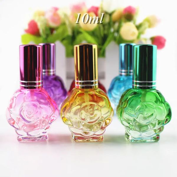 Botella 10 Uds. Botella de Perfume de cristal con forma de rosa colorida de 10ml, muestra rellenable, atomizador vacío portátil, Mini botellas de Spray de perfume de viaje