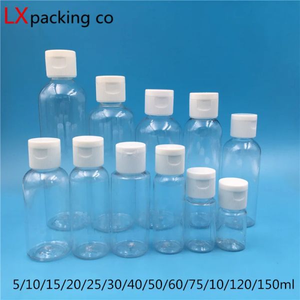 Botella 50 Uds 10ml 25ml 30ml 50ml 60ml 100ml 150ml Vacío claro botellas de plástico paquete Perfume viaje líquido blanco tapa abatible Mini contenedores