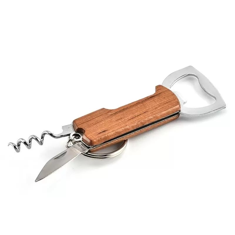 Bottle Favors Openers Wooden Handle Bottle Opener Keychain Knife Pulltap Double Hinged Corkscrew Stainless Steel Key Ring Opening Tools Bar