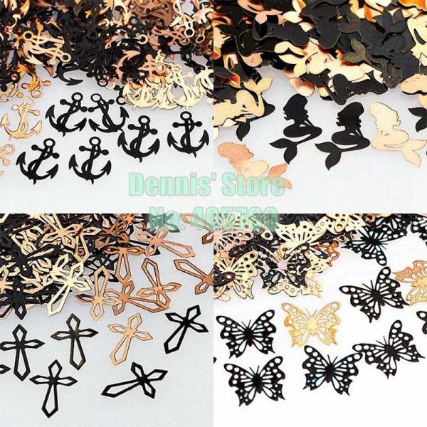 Bouteilles 10000pcs / pack Multishapes Snowflake Crown Design Black Brone Sequins Metallic Nail Art Sticker Phone Téléphone Decoration TG #