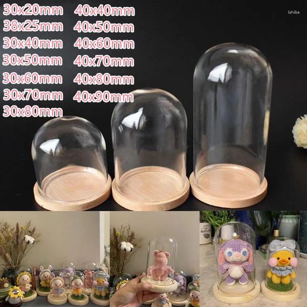 Bouteilles 25pcs Mini Vases de décoration de maison Verre Poupée Affichage Cloche Cloche Pot Bouteille avec base en bois Cache-poussière Boîte Fleur immortelle