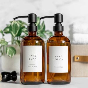 Flessen 2 stks 500 ml Handgereep vloeistof Soap Dispenser Amber Glass Shampoo Black roestvrijstalen lotionpomp voor keukenbadkamer