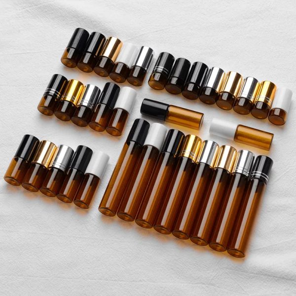 Bouteilles 30 pièces 1 ml 2 ml 3 ml 5 ml 10 ml ambre mince verre rouleau sur bouteille échantillon Test huile essentielle flacons de parfum avec rouleau noir boule en métal