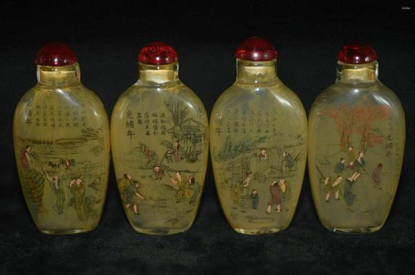 Bouteilles 4pc chinois Folk à l'intérieur de la peinture Guangxu mâle bouteille de tabac à priser en verre d'agriculture