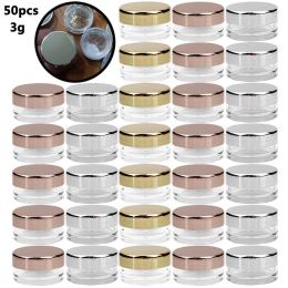 Flessen 50 stks 3G 3 ml make -up pot JAR cosmetisch lege container met roségouden deksel plastic klein fles voor oogschaduwcrème lippenbalsem container