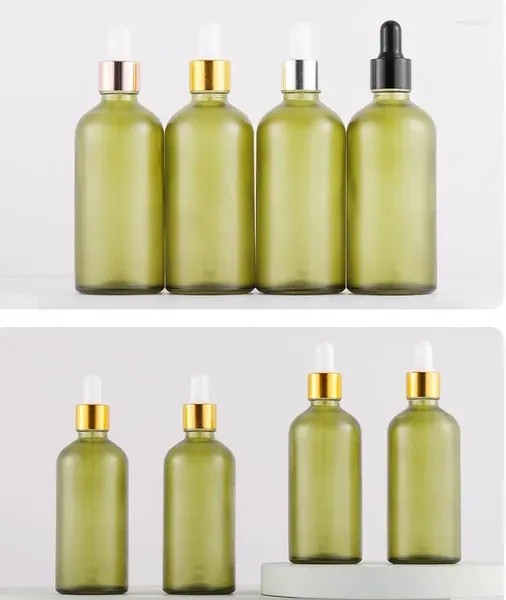 Botellas 5pcs 100ml Tubos Gotero esmerilado Líquido de vidrio verde oliva para pipeta esencial recargable