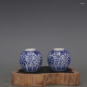 Botellas Un par Chino Azul Y Blanco Tarro De Porcelana Patrón De Flores De Loto Mini Maceta 2.40 Pulgadas