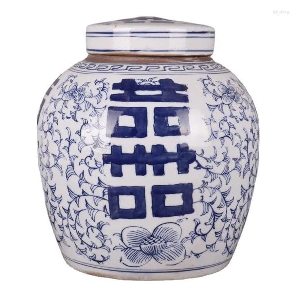 Bouteilles bleu et blanc chinois Antique porcelaine Vase Qing Double bonheur bidon avec couvercle pots de stockage de fête couvercles