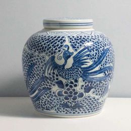Botellas Azul y blanco Phoenix Ginger Jar Urn Lotus Vintage Jingdezhen Cerámica Jarrones de porcelana para flores