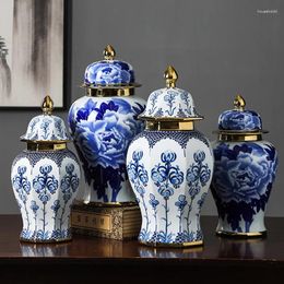 Flessen Blauw En Wit Porselein Algemene Pot Chinese Vintage Ambachtelijke Gember Bloemenvaas Opslagtank Met Deksel Woondecoratie