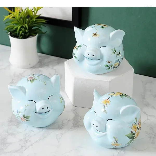 Bouteilles Blue Pig Head en céramique Piggy Bank Maison de poche de poche de rangement de rangement