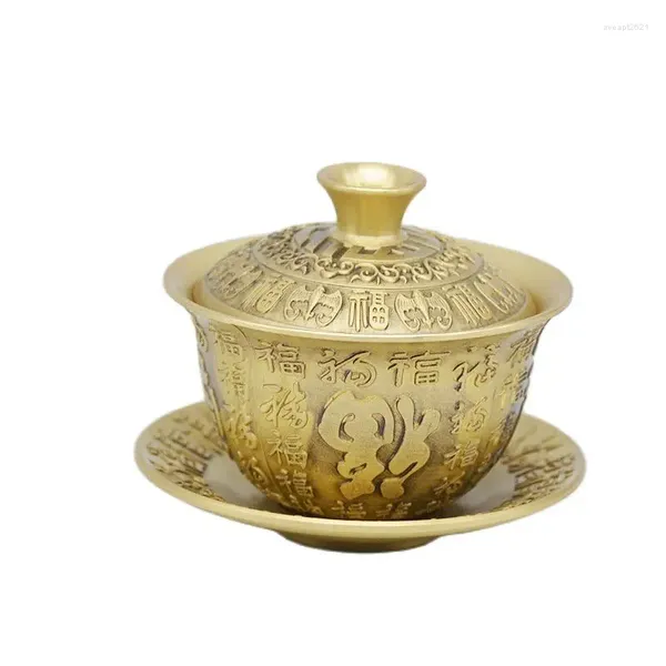 Botellas taza de té de latón de tres piezas Dragón Phoenix Auspicioso de té de cobre Bendiciones de bendiciones de decoración para el hogar para amigos