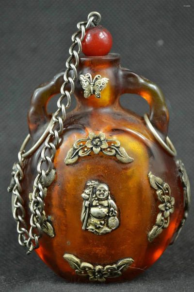 Botellas china vieja tibet plate ámbar tallado mariposa estatuas de buda de buda botella