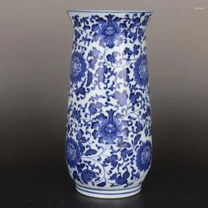 Flessen Chinees blauw en wit porselein Qing Qianlong Lotus Patroon Vaas 7,9 Inch