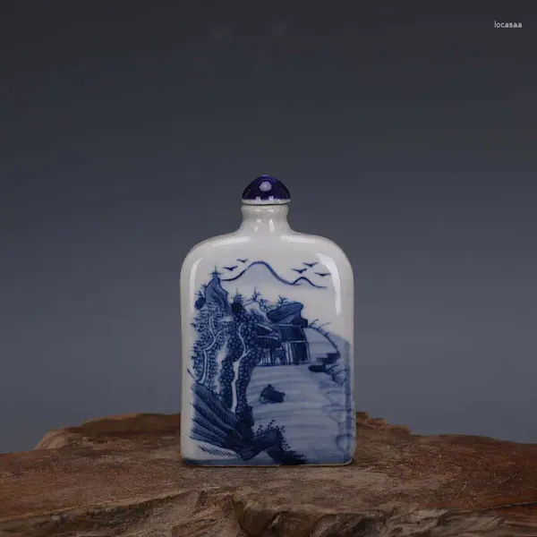 Botellas de porcelana azul y blanca china, diseño de montaña Qing, botella de rape plana, 3,35 