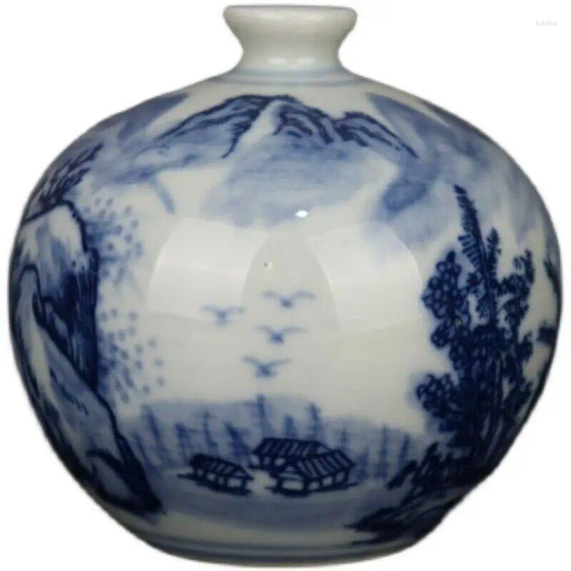 Flaskor kinesiska blå och vita porslinslandskapsdesignvas 3,15 tum mini dekorativ kruka