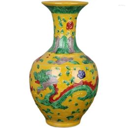 Flessen Chinese Famille Rose porselein Ming Hongzhi gesneden Dragon Phoenix vaas 11,0 inch